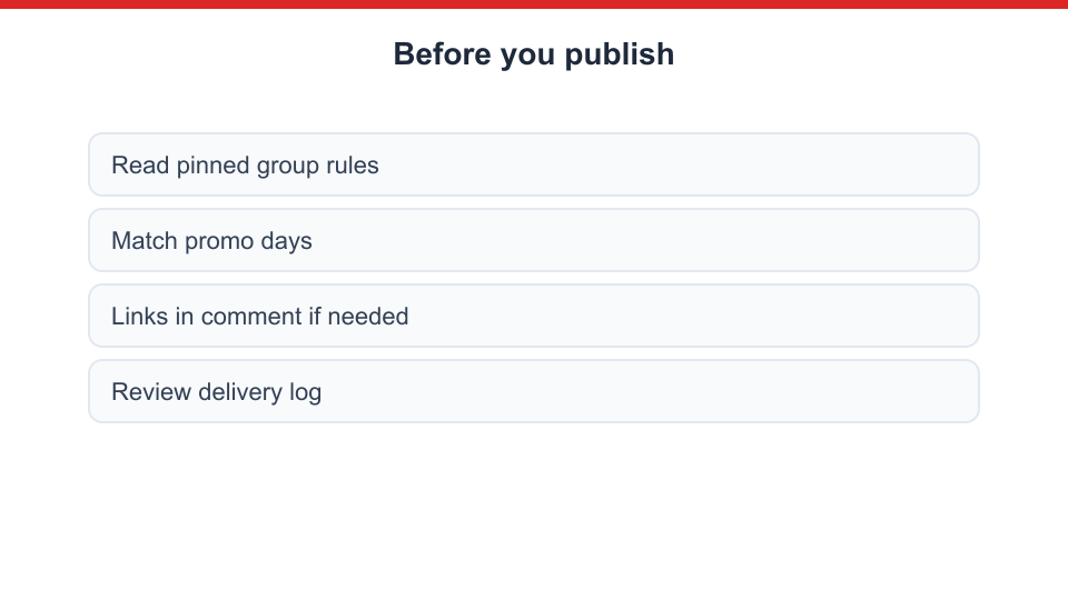 Checklist before publishing to Facebook groups