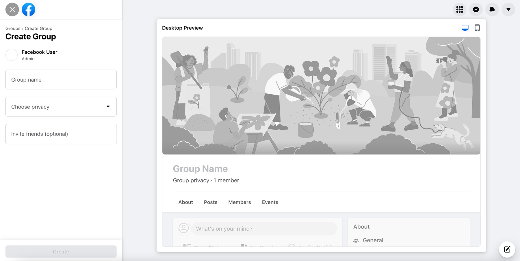 Facebook group create page