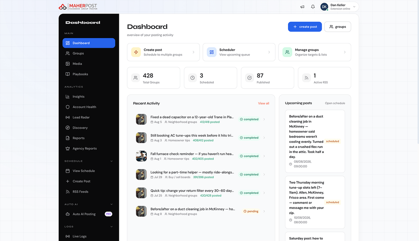 MaherPost dashboard showing group posting, delivery log, and publishing health