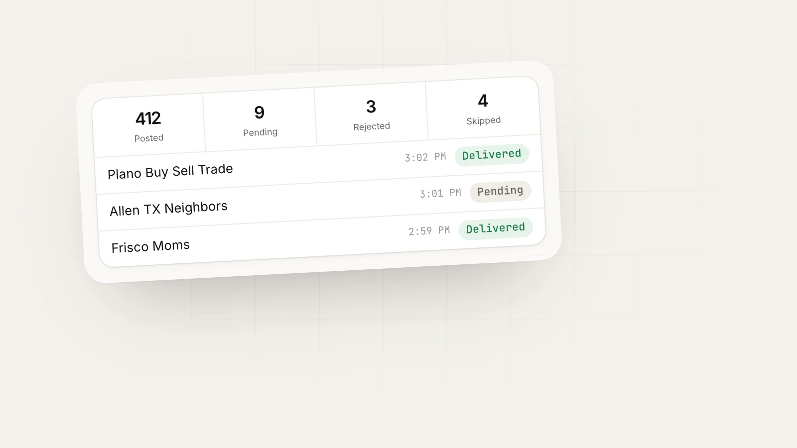 How to Avoid Facebook Jail When Posting to Groups: MaherPost delivery log showing posted, pending admin approval, rejected and skipped Facebook group posts