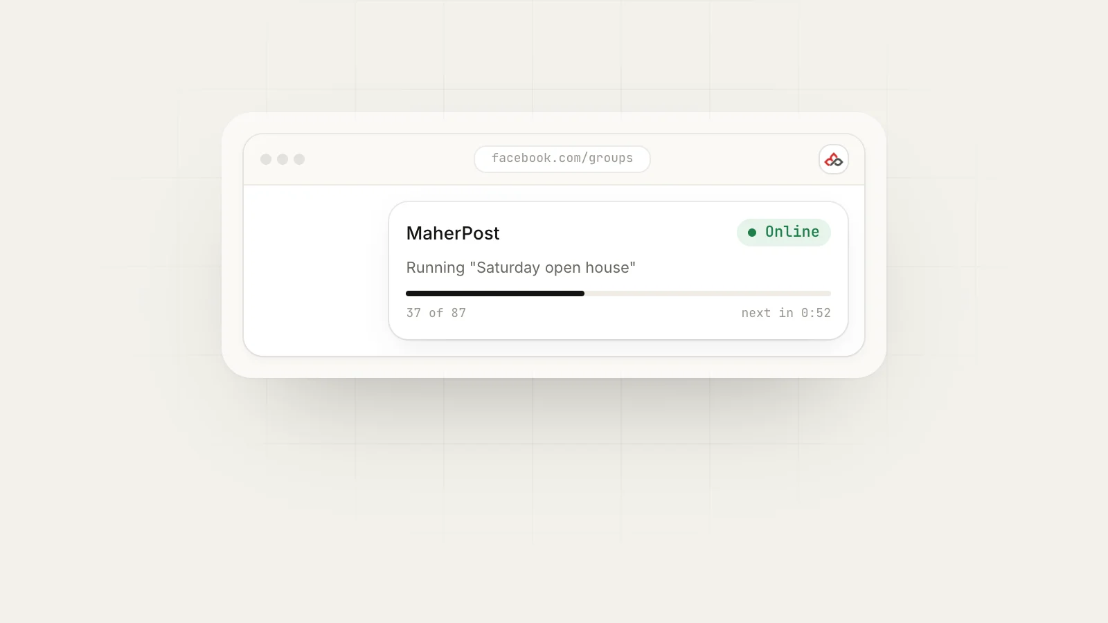 How to Connect Your Facebook Account with MaherPost: The MaherPost Chrome extension running a campaign inside a logged-in Facebook browser session