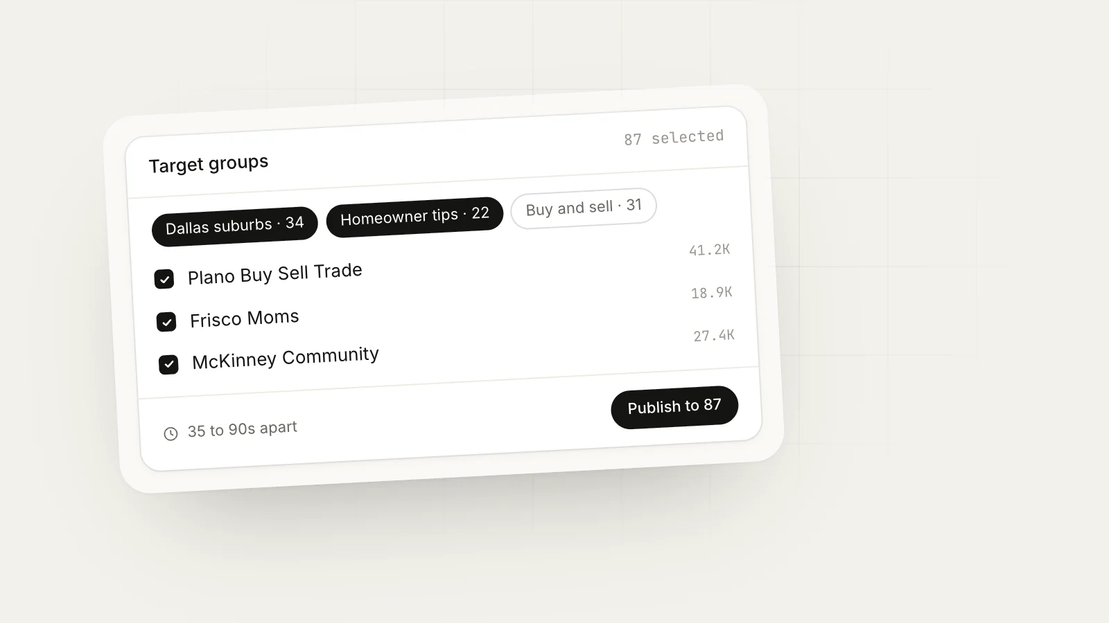 Create Categories of Groups in MaherPost: MaherPost campaign targeting 87 Facebook groups selected through saved bundles, with 35 to 90 second delays between groups