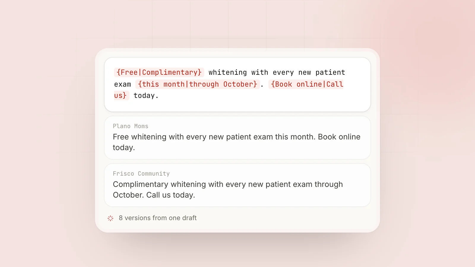 Facebook Group Rules for Promotional Posts: Get Approved: A spintax template in MaherPost and the different version of the post each Facebook group receives