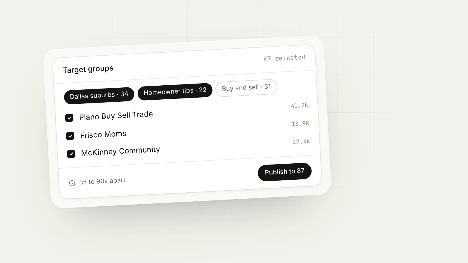 Facebook Groups for Real Estate Agents: A Lead Playbook: MaherPost campaign targeting 87 Facebook groups selected through saved bundles, with 35 to 90 second delays between groups