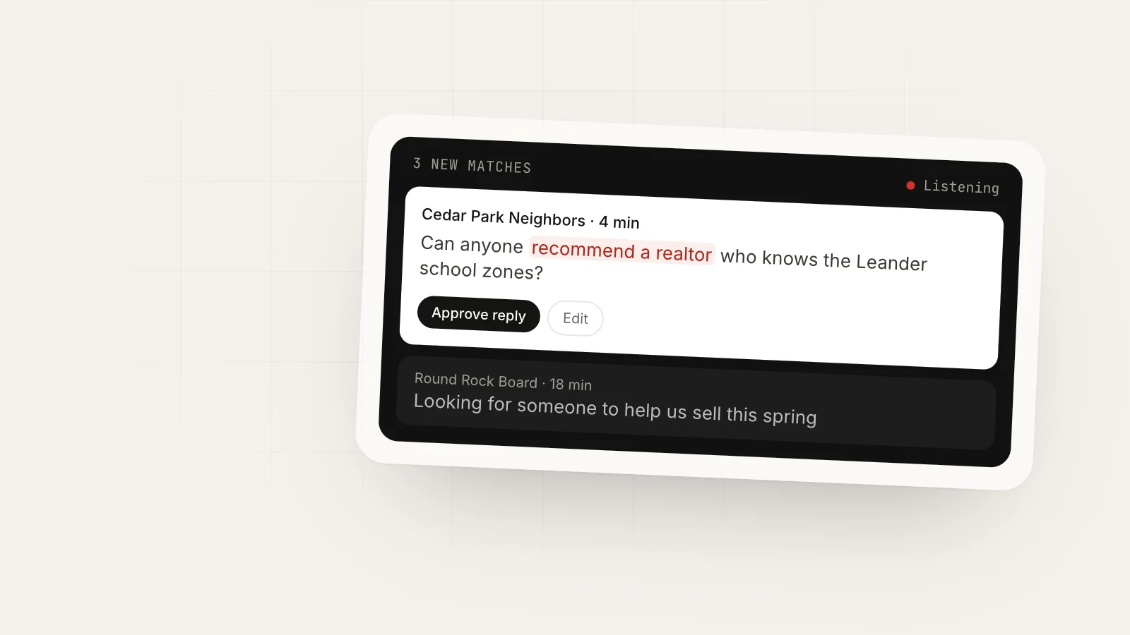 How Coaches Get Clients From Facebook Groups: Lead Radar match from a Facebook group where someone asks for a realtor recommendation, with a reply waiting for approval