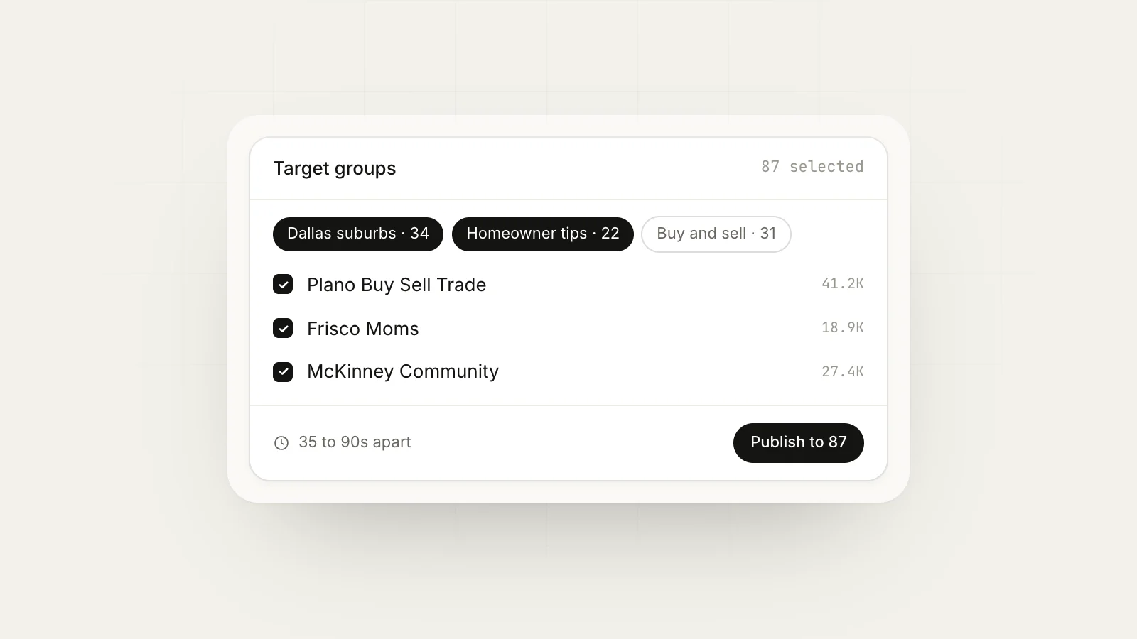 How to Find Facebook Groups for Your Business (and Vet Them): MaherPost campaign targeting 87 Facebook groups selected through saved bundles, with 35 to 90 second delays between groups
