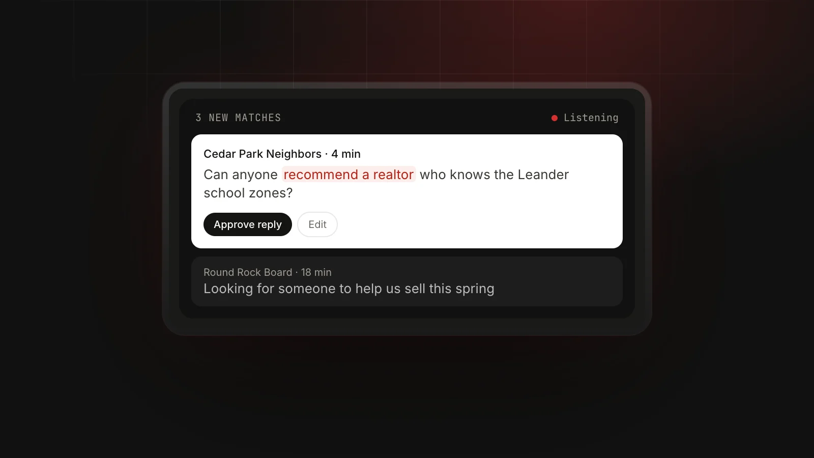 How to Get Leads From Facebook Groups: A Practical System: Lead Radar match from a Facebook group where someone asks for a realtor recommendation, with a reply waiting for approval