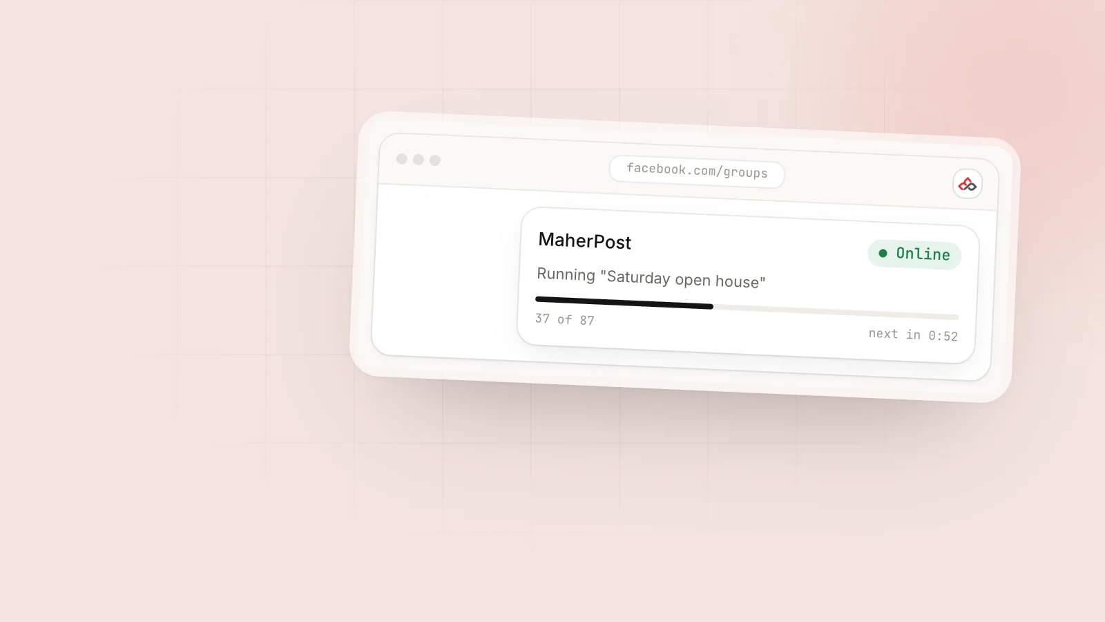 How to Schedule Posts in Facebook Groups (Admins and Members): The MaherPost Chrome extension running a campaign inside a logged-in Facebook browser session