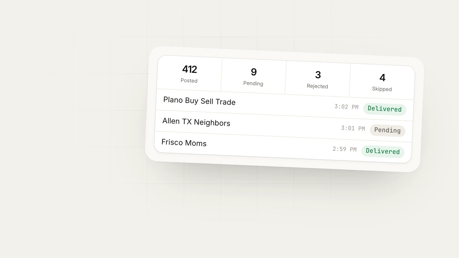 Manual vs Automated Facebook Group Posting: Real Cost Analysis: MaherPost delivery log showing posted, pending admin approval, rejected and skipped Facebook group posts