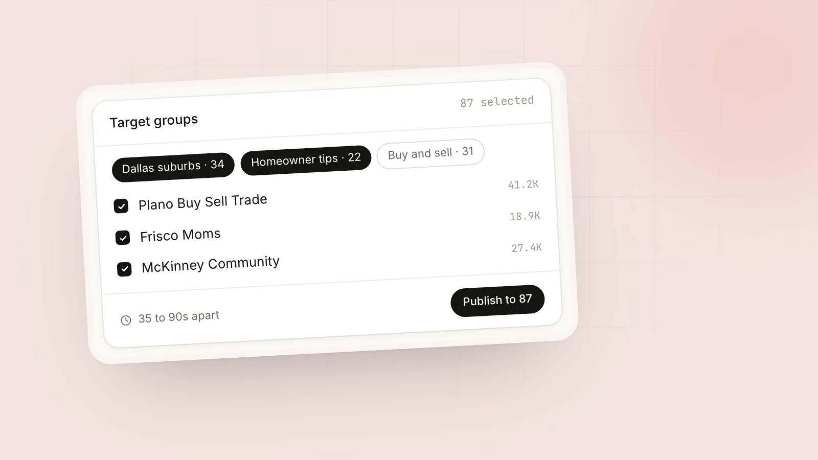 Spintax for Facebook Groups: Write Once, Post Unique Copy Everywhere: MaherPost campaign targeting 87 Facebook groups selected through saved bundles, with 35 to 90 second delays between groups
