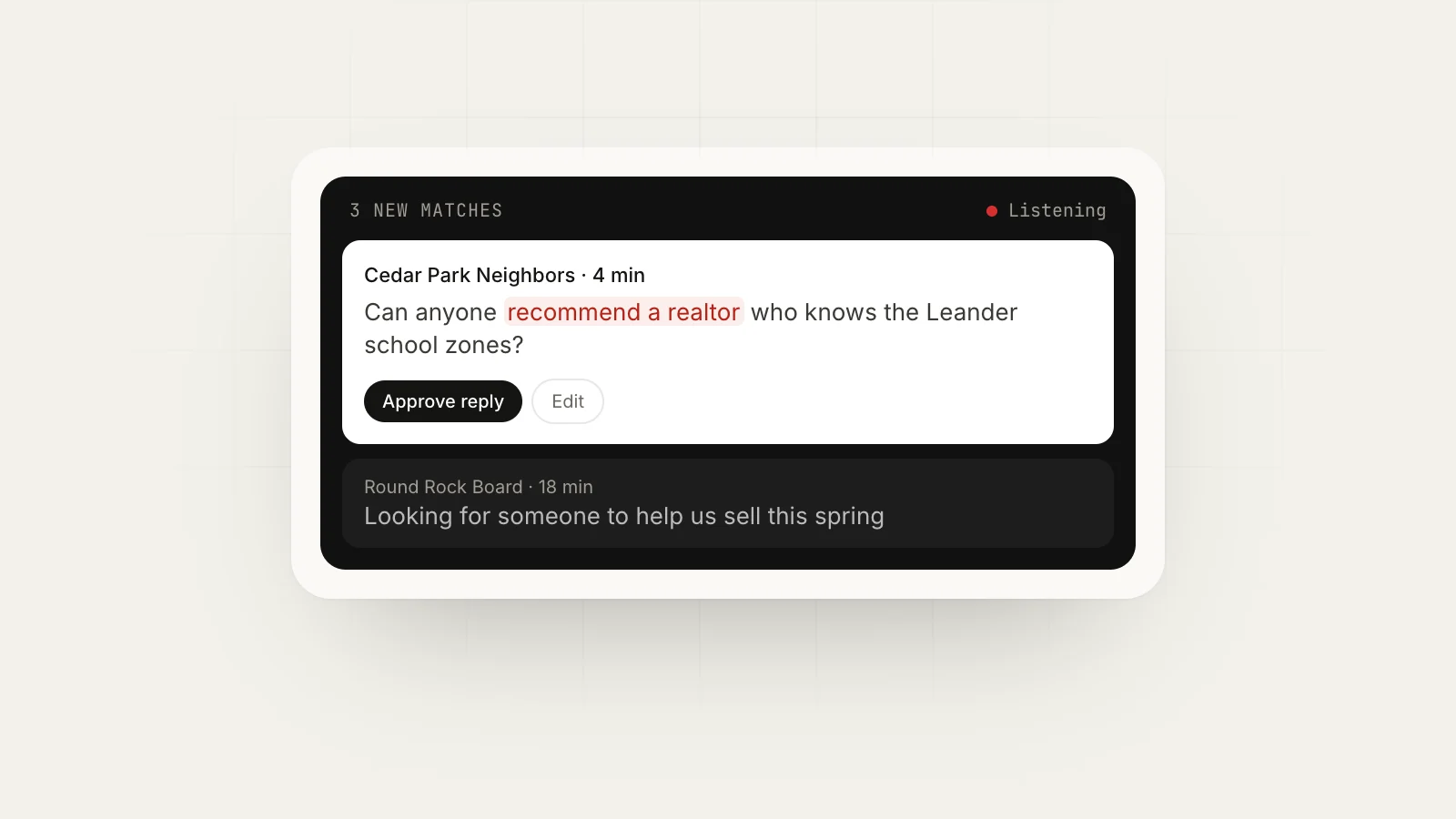 Industry playbooks: Lead Radar match from a Facebook group where someone asks for a realtor recommendation, with a reply waiting for approval