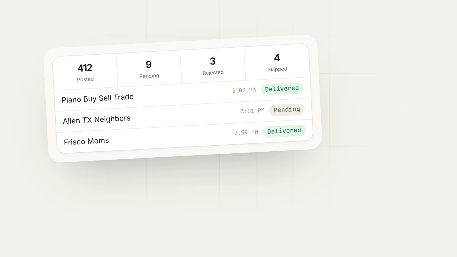 Safety and limits: MaherPost delivery log showing posted, pending admin approval, rejected and skipped Facebook group posts