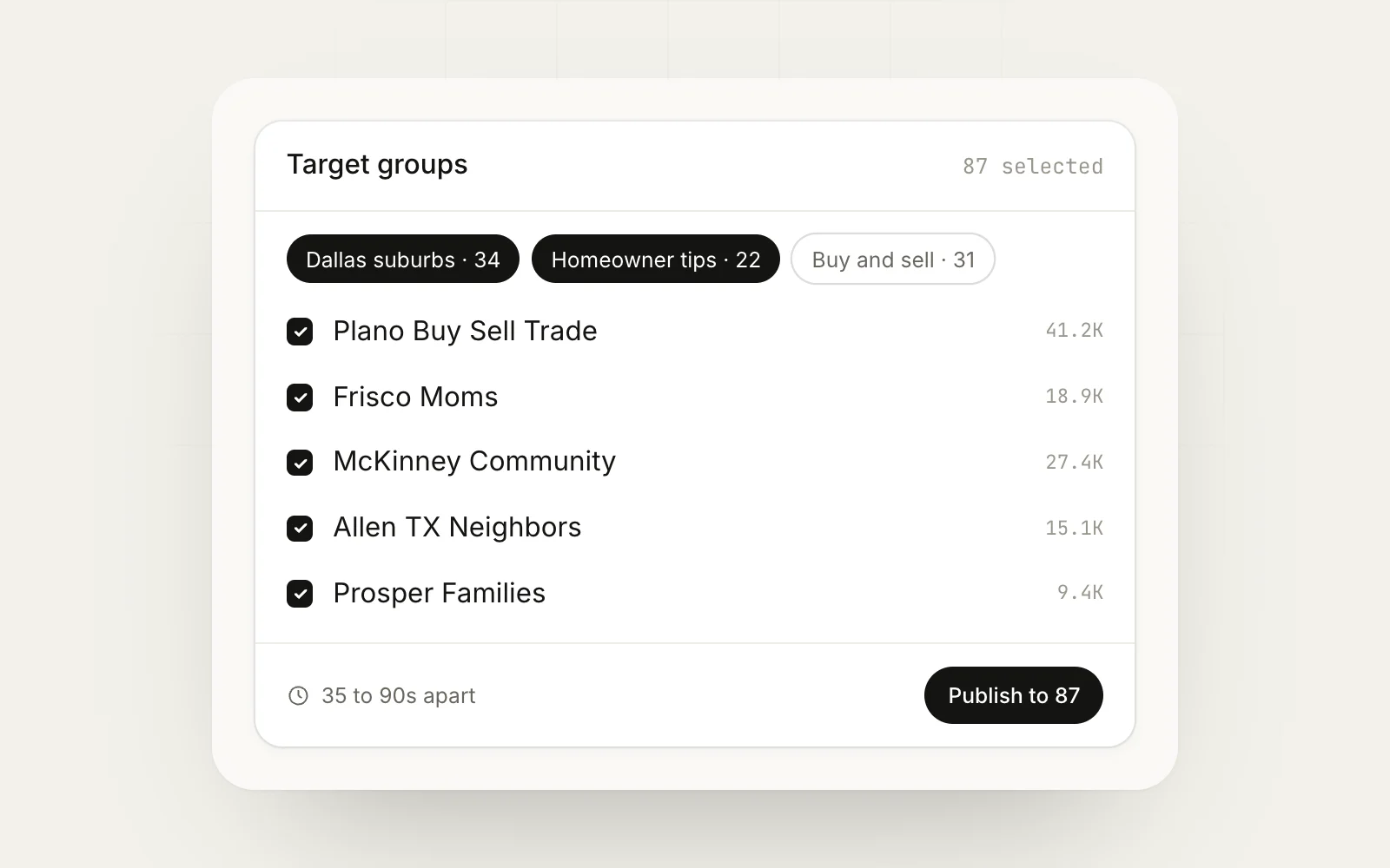 MaherPost campaign targeting 87 Facebook groups selected through saved bundles, with 35 to 90 second delays between groups