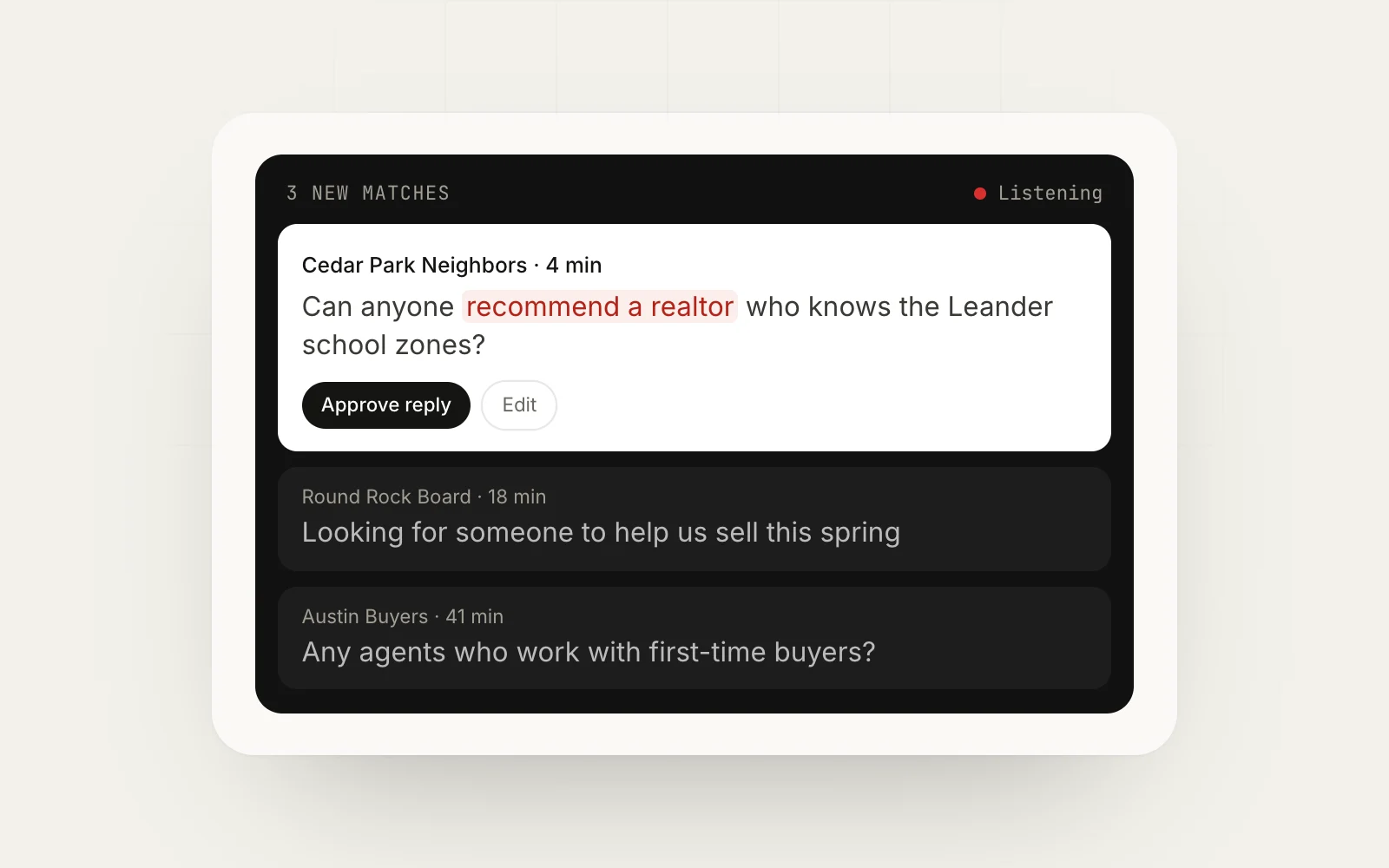 Lead Radar match from a Facebook group where someone asks for a realtor recommendation, with a reply waiting for approval