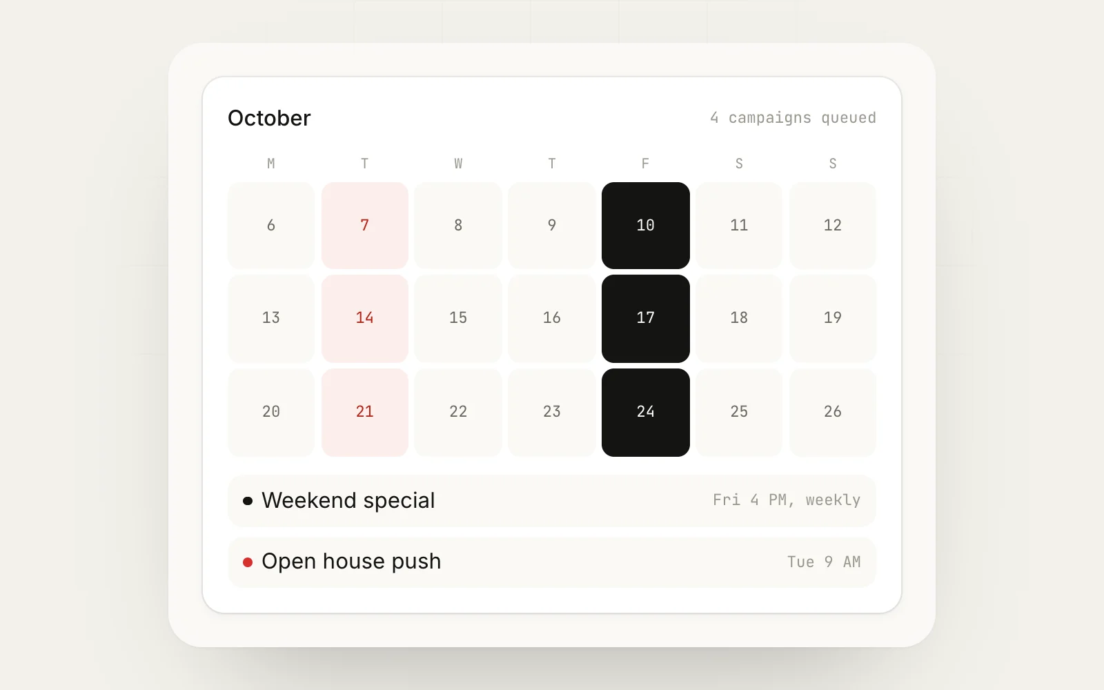 MaherPost calendar with one-off and weekly recurring Facebook group campaigns