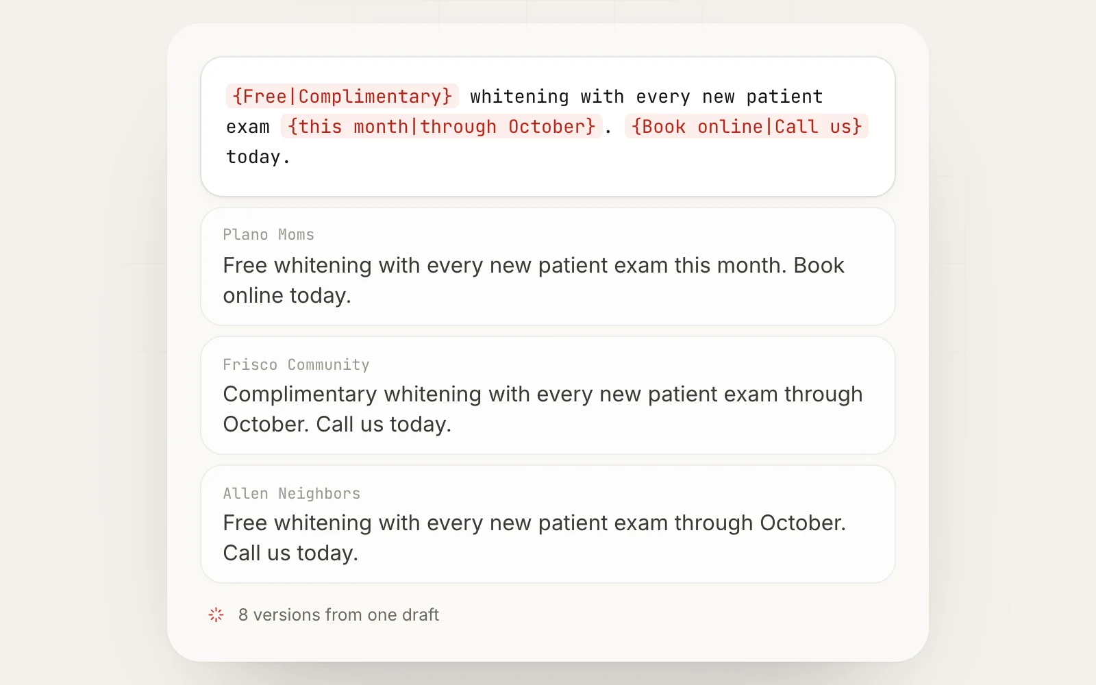 A spintax template in MaherPost and the different version of the post each Facebook group receives